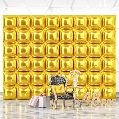 NISOCY 48PCS Metallic Gold Square Foil Balloons Wall Backdrop by NISOCY