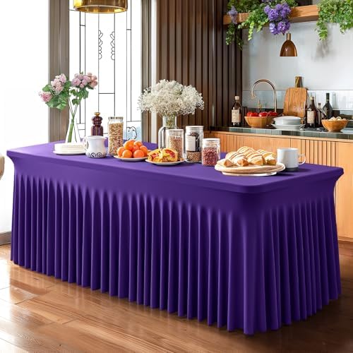 Wish Care 2 Pack Dark Purple Spandex Table Clothes for 4 Foot Rectangle Tables, 4FT Wrinkle Free Fitted Tablecloths Ruffles Design Table Cover for Party, Banquet, Wedding and Events - Image 5