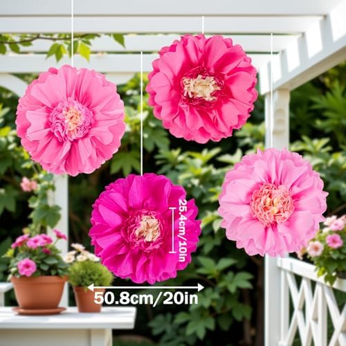 SUNBEAUTY 20" Giant Pink Paper Flowers 4 PCS Large Crepe Tissue Paper Flowers Pink Party Decorations for Girl Women Birthday Spring Garden Wedding Flower Backdrop Wall Bridal Shower Nursery - Image 3