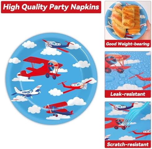 Qyeahkj 50 Guests Airplane Plates and Napkins Party Supplies Plane Party Decorations Disposable Tableware Set Blue Sky Helicopter Paper Cake Dessert Dinnerware Favor for Kids Boys Baby Shower, 200PCS - Image 3