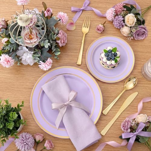 WDF Partyware 350PCS Purple Plates Disposable - Purple Plastic Plates 50Guests Lavender Disposable Dinnerware Sets with Rolled Napkins for Wedding/Birthday/Baby Shower/Bridal Shower - Image 5