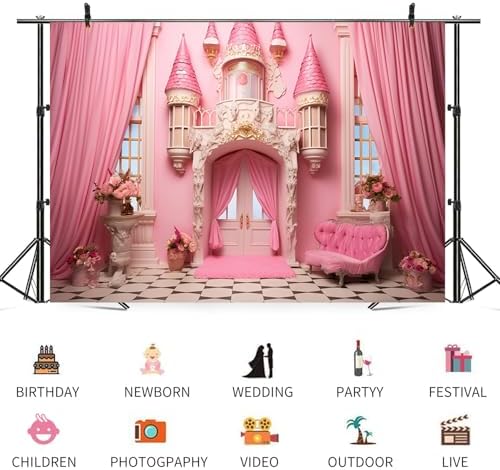 15x10ft Pink Castle Backdrop Room Door Curtain Photography Background Flowers Vases Sofa Princess Girl Birthday Banner Decorations Newborn Baby Shower Wedding Party Portrait Photo Booth Prop - Image 3