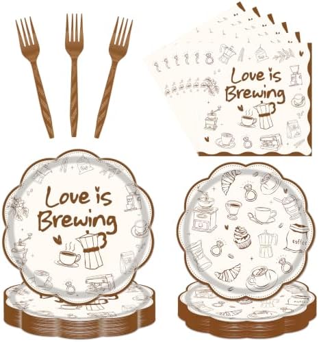 Love is Brewing Bridal Shower Decorations - 96 Pcs Coffee Bridal Shower Plates Napkins Forks Decorations, Coffee Bar Party Tableware for Wedding Engagement Bachelorette Serves 24 by Pinglooko