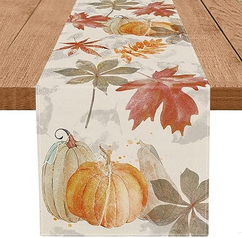 Fall Table Runner Pumpkin Maple Leaf Watercolor Vintage Table Runners Seasonal Autumn Thanksgiving Harvest Home Kitchen Dining Party Decorations 13x108 Inch by GAGEC