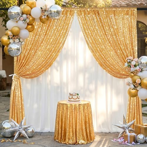 Gold Sequin Backdrop Curtains-2 Panels 3FTx8FT Gold Backdrop for Wedding, Glitter Party Decorations Background Drapes for Birthday Party Anniversary Graduation Photo Booth Decor - Image 4