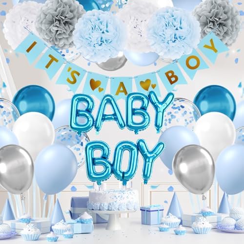 Vicduotex Blue Baby Shower Decorations with Grey Paper Pom Poms by Vicduotex
