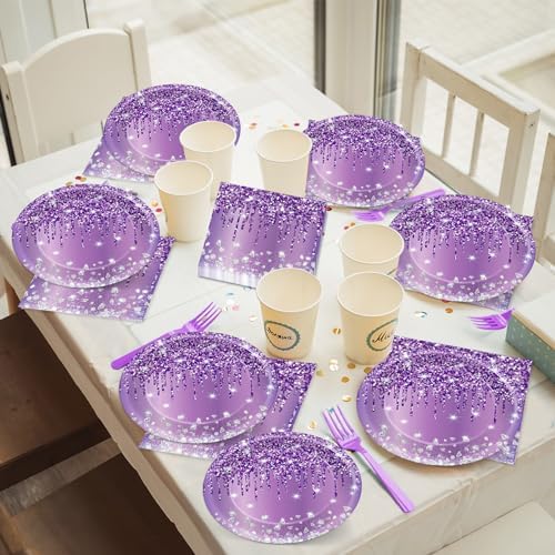 50 Pcs Purple Birthday Plates and Napkins Purple and Silver Happy Birthday Party Supplies for 25 Guests Table Decorations for Women Girl Birthday Decorations Paper Plates Napkins - Image 5