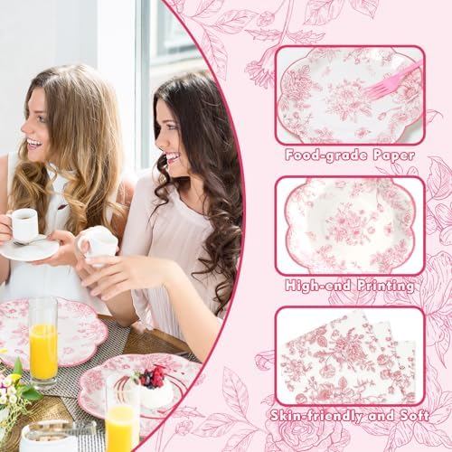 96 PCS Floral Paper Plates, Pink Vintage Floral Paper Plates and Napkins Party Supplies for Birthday Bridal Shower Picnic Tea Time, Serve for 24 Guests - Image 4