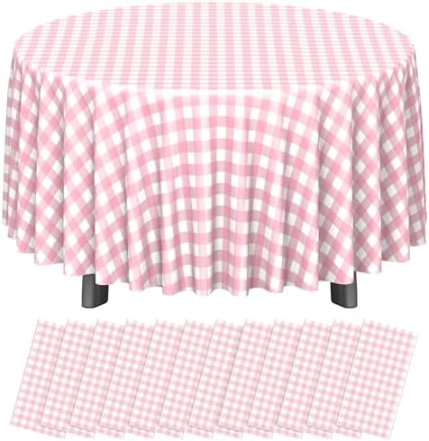 12 Pack Pink Gingham Tablecloth Round, Premium Decorative Disposable Pink and White Checkered Plaid Table Cloths for Parties, Round Party Table Cover for Picnic Farm Birthday Wedding Festivals, 84Inch by RAGNHILD