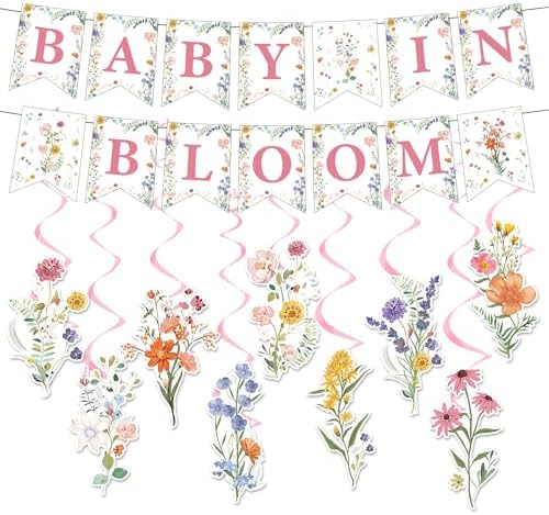 Rngmsi Baby in Bloom Baby Shower Decorations, Floral Banners Hanging Swirls Wildflowers Theme Baby Shower Decor for Girls by RNGMSI