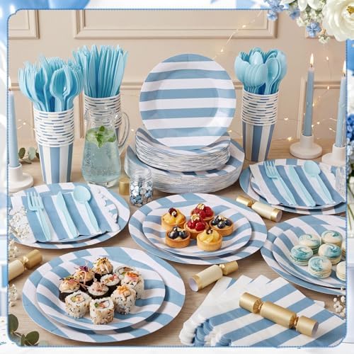 Mimorou 175 Pcs Light Blue and White Striped Party Tableware for 25 - Image 2