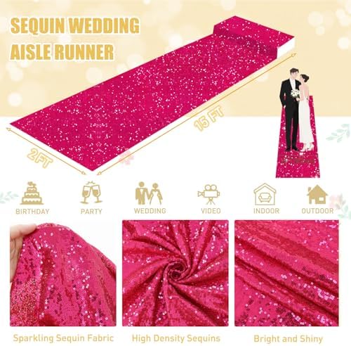 FUHSY Wedding Aisle Runner Rug Hot Pink Sequin Carpet Aisle Runner for Outdoor Wedding Ceremony Floor Runner Aisle Fuchsia Sparkle Wedding Walkway Runner for Outside Beach Bridal Shower Decorations - Image 2