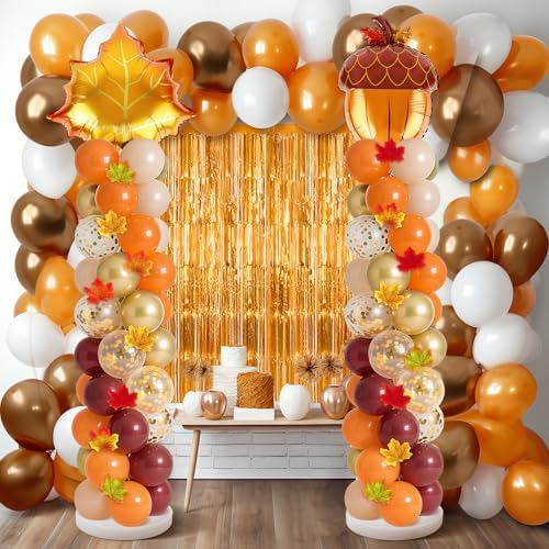 2 Sets Fall Balloon Column Stand Kit 3.3 X 6.6 ft Fall Photo Backdrop With Chestnut Maple leaf Balloons Orange Burgundy Skin Balloon for Thanksgiving Autumn Birthday Parties - Image 7