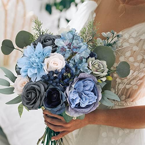 Floweroyal Artificial Flowers Combo Dusty Blue Flowers Mix Silk Flowers Dahlia Roses with Stems for DIY Wedding Bridal Bouquets, Baby Shower, Floral Arrangement, Table Centerpieces, Home Decorations. - Image 6