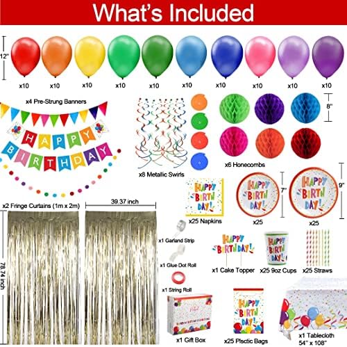275 PC Colorful Birthday Party Decorations for Boy, Girl- Rainbow Party Supplies, Happy Birthday Banner, Balloons Garland Arch Kit Tablecloth Honeycomb Cake Topper Plates Cups Napkins Straws, 25 Guest - Image 5