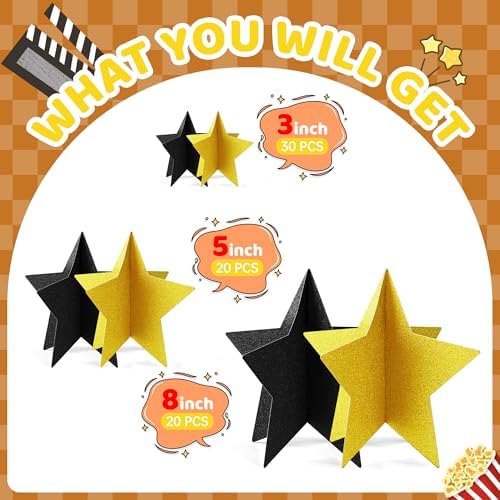 70 Pcs Black and Gold Star Centerpieces Black and Gold Party Birthday Decorations 3D 2025 Graduation Table Decor 3 Sizes 8" 5" 3" Red Carpet Film Show Theme Engagement Anniversary Supplies - Image 2
