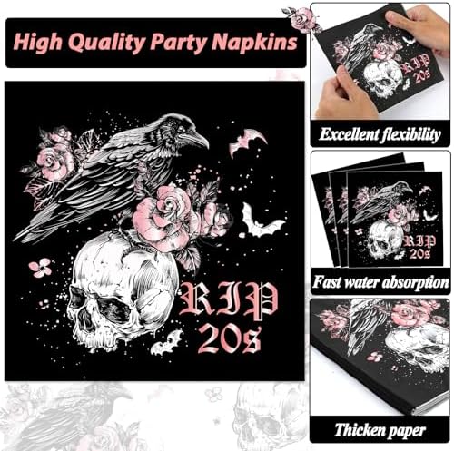 Qyeahkj 100 Pcs 30th Birthday Party Supplies Death to My 20s Paper Plates and Napkins Set Disposable Black Rose Gold Rip to My 20s Tableware Decorations for Women Funeral Youth Party Serve 25 Guests - Image 3