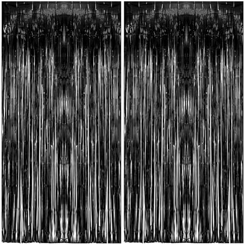 2 Pack Foil Curtain Backdrop Black Metallic Tinsel Foil Fringe Curtains Photo Booth Props for Birthday Wedding Engagement Baby Shower Bachelorette Christmas Holiday Celebration Party Decorations by KEJ