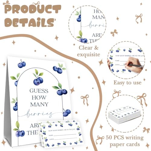 Blueberry Baby Shower Decorations,Blueberry Guess How Many Baby Shower Game,Guess How Many Berries Are in the Jar,Birthday Party Game & Activities 50 Cards and Sign - Image 3