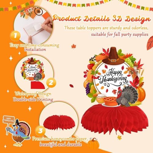 JULMELON 8 Pcs Thanksgiving Table Decor, 3D Fall Honeycomb Centerpieces - Image 4