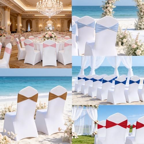 White Chair Sashes Bows 100 Pcs Spandex Chair Sashes Elastic Chair Cover Bands Ties Without Buckle for Wedding Birthday Party Ceremoney Events Decoration - Image 7