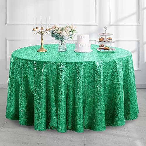 Pufogu 120" Round Grass Green Sequin Tablecloth Glitter White Table Cloths for Birthday Wedding Bridal Baby Shower Party Decorations by Pufogu