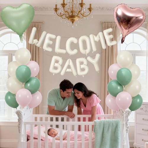 Pink and Green Baby Shower Decorations, WELCOME BABY Letter Foil Balloons Banner Backdrop Set with Sage Green Rosa Gold Cream Beige Latex & Heart Balloon for Newborn Infant Gender Reveal Party Decor - Image 6