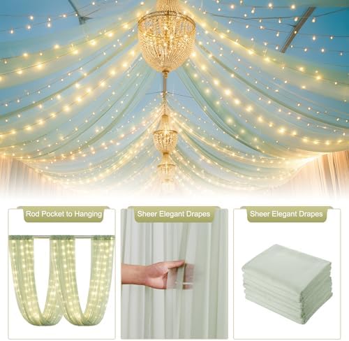 Sage Green Ceiling Drapes with Lights String for Weddings, 6 Panels 5ftx10ft Sheer Tulle Backdrop Photo Background Drapes for Wedding Ceremony Birthday Party Arch Decoration - Image 4