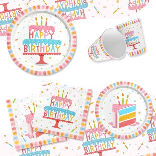 Happy Birthday Party Supplies Set for 25 -Kit with Cake Design Includes Plates, Napkins, Cups, Tablecloth & Banner - for Boys & Girls Birthday Party Decorations - Image 3