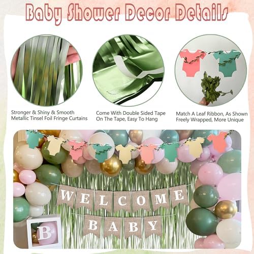 Pink Green Baby Shower Decorations Girls with Welcome Baby Banner, Paper Pom Poms, Sweet-Girl Baby Cake Topper, Retro Olive Pink Metallic Balloon Décor for Easter Jungle Safari Fairy Baby Shower Party - Image 3