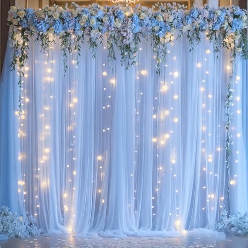 10ft x 10ft Baby Blue Tulle Photo Backdrop Curtain with Lights String for Parties Wedding Sheer Blue Curtain Backdrop for Birthday Party Baby Shower Boy Photo Booth Photography Background Decorations by Suppromo