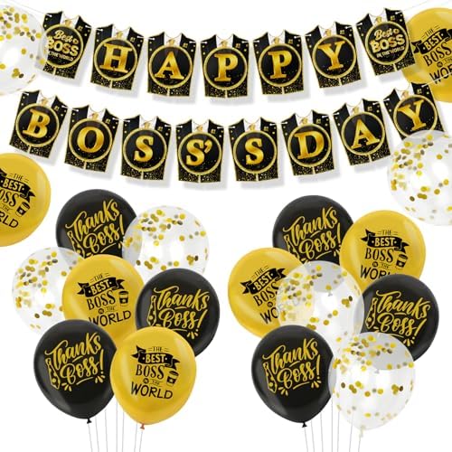 Konsait Happy Boss Decorations - Black & Gold Banner, Balloons & Office Decor Supplies for National Boss Day by Konsait
