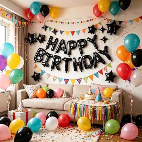 Black Happy Birthday Balloons Banner 16 Inch Mylar Foil Letters, 10 Inch Five & Four Star, Inflatable Party Decor and Birthday Decorations for Women, Men, Boys & Girls Kids and Adults, Party Supplies - Image 7