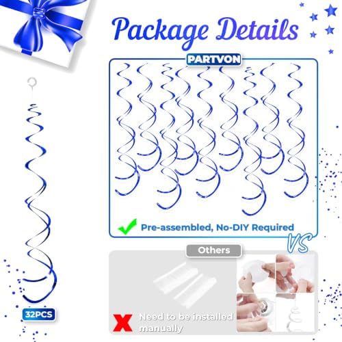 32 PCS Blue Hanging Swirl, Sparkle Ceiling Hanging Decorations, Plastic Streamer Party Decorations for Birthday, Ocean Theme, Baby Shower, Winter Party, Independence Day, 4th of July - Image 3