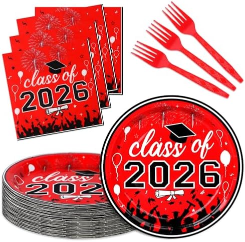 75 Pcs Graduation Plates and Napkins Party Supplies Set,Serves 25 Guests 2026 Red Graduation Plates and Napkins,Disposable Paper Tableware Set for Graduation Party Decorations by Upigi
