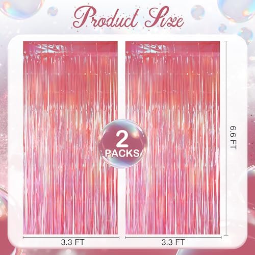 2 Pack Pink Iridescent Streamers Backdrop, 3.3x6.6ft Foil Fringe Curtains Holographic Door Tinsel Streamers for Birthday, Wedding, Holiday, Bachelorette, Baby Shower Theme Party Decorations - Image 2