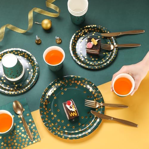 Tegeme 256 Pcs Dark Green and Gold Dot Party Supplies Paper Plates Napkin Tablecloth Set Disposable Cup Fork Knives Spoon Serve 36 Dinnerware for Birthday Wedding Aniversary Baby Shower Decoration - Image 4
