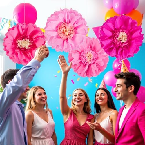 SUNBEAUTY 20" Giant Pink Paper Flowers 4 PCS Large Crepe Tissue Paper Flowers Pink Party Decorations for Girl Women Birthday Spring Garden Wedding Flower Backdrop Wall Bridal Shower Nursery - Image 5