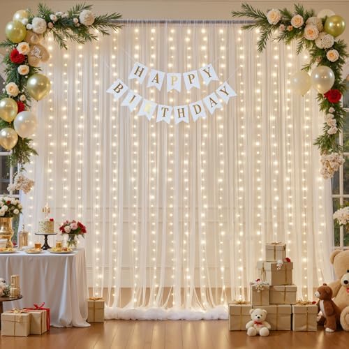 Ivory Sheer Backdrop Curtains with Lights String for Parites Wedding 10×8ft Tulle Backdrop Curtains for Baby Shower Birthday Party Photo Shoot Background Decorations - Image 2