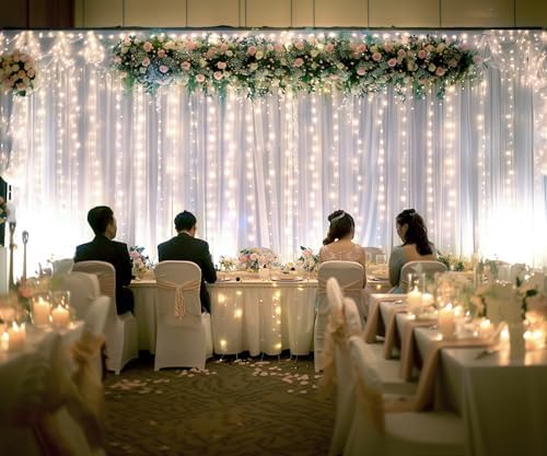 Suppromo White Tulle Backdrop Curtain with Lights String for Parites 20×8ft Sheer Curtains Wedding Baby Shower Birthday Party Photo Shoot Decorations(4 Panels 5ft×8ft) - Image 4