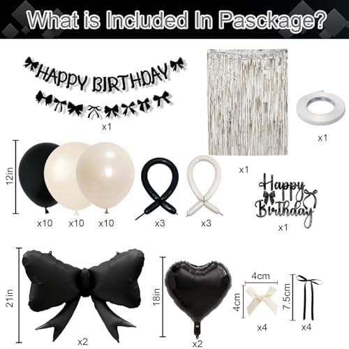Black Bow Birthday Party Decorations, Coquette Bow Black Sand White Beige Balloons with Bows Decor Happy Birthday Banner Fringe Curtain for Women Girls Bows Theme Bachelorette Baby Shower Party - Image 3