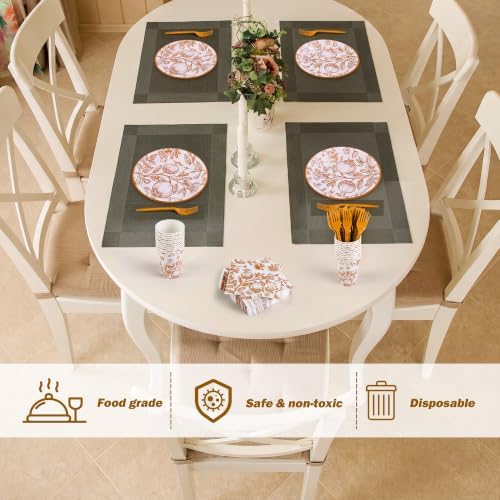 Kochorie 144 Pieces Thanksgiving Vintage Floral Party Supplies, Orange Tableware Sets Including Fall Disposable Pomegranate Paper Plates Napkins Cups Forks Serves 24 for Wedding Fall Party Decorations - Image 5