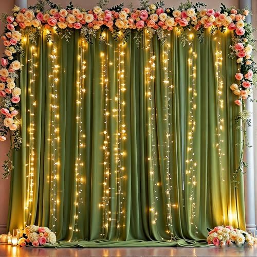 10 x 10ft Olive Green Backdrop Curtains with Lights String - Image 3