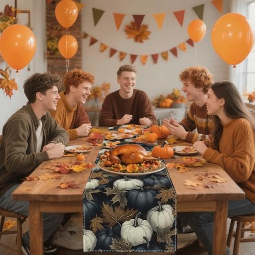 Fall Thanksgiving Table Runner 13x72 Inch by Mode - Pumpkin & Eucalyptus Print, Stylish Home Kitchen Dining Party Decoration by YOPINCO