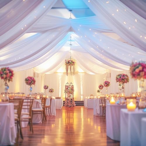 White Ceiling Drapes with Lights String for Weddings, 6 Panels 5ftx20ft Sheer Tulle Backdrop Photo Background Drapes for Wedding Ceremony Birthday Party Arch Decoration - Image 5