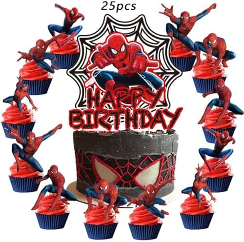 51PCS spidey birthday party supplies, backdrop, "Happy Birthday" banner,tablecloth, large aluminum balloon, small aluminum balloons, latex balloons, cake topper,cupcake toppers, hanging swirls - Image 5