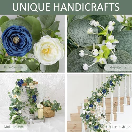 TOCHGREEN 2 Pack Artificial Eucalyptus Flower Garland with White Blue Roses - Image 4