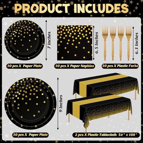 QZYL 122 Pcs Black and Gold Plates and Napkins, Black Plates Disposable for Party, Golden Birthday Tableware Serves 30, Gold Dots Retirement Party Supplies with Plate, Napkin, Fork and Tablecloth - Image 2