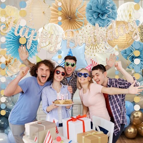 Dusty Blue Beige Champagne Women Birthday Decorations, Boho Neutral Boys Girls Blue Party Décor With Fog Cream Gold Balloons,Happy Banner Garland,Paper Lanterns, Honeycomb Tissue Pom Poms For Adults - Image 7