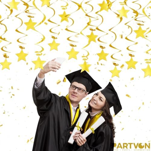 Gold Hanging Swirl Decorations - 30 Pack Metallic Ceiling Swirls with Foil Stars, Plastic Streamers for Graduation, Wedding, Birthday, Easter, New Year's Eve Party Supplies - Image 2